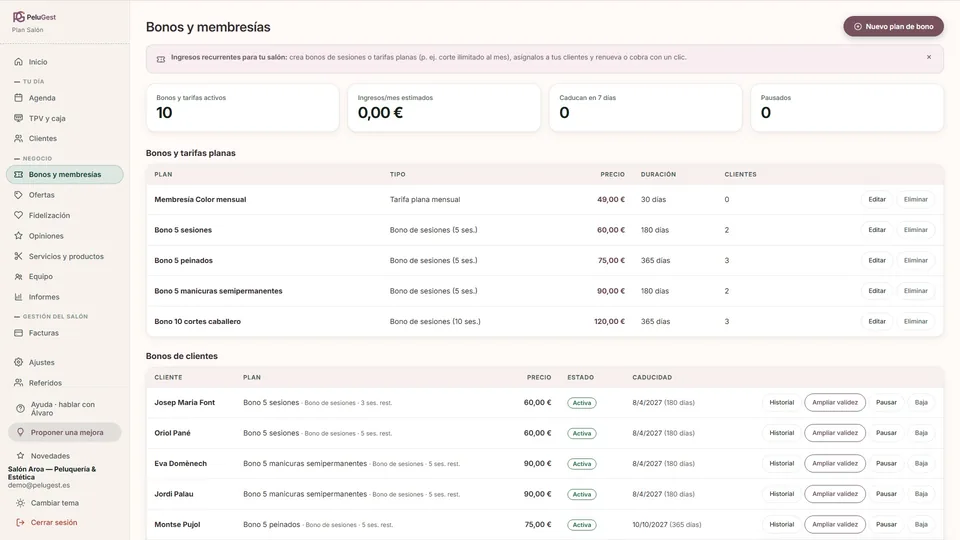 Bonos y tarifas planas del salón con precio, duración y bonos activos de cada clienta, datos ficticios